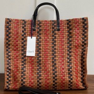 Clare V Simple Tote in Woven leather in Natural Brown with Navy and Red